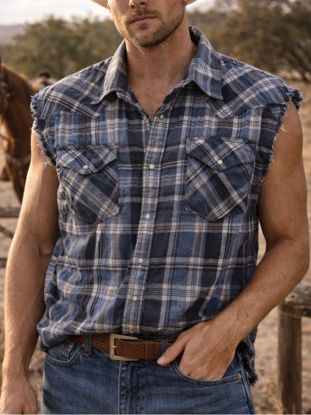 Bit & Bridle Men's Blue Plaid Sleeveless Pearl Snap Western Shirt Cotton